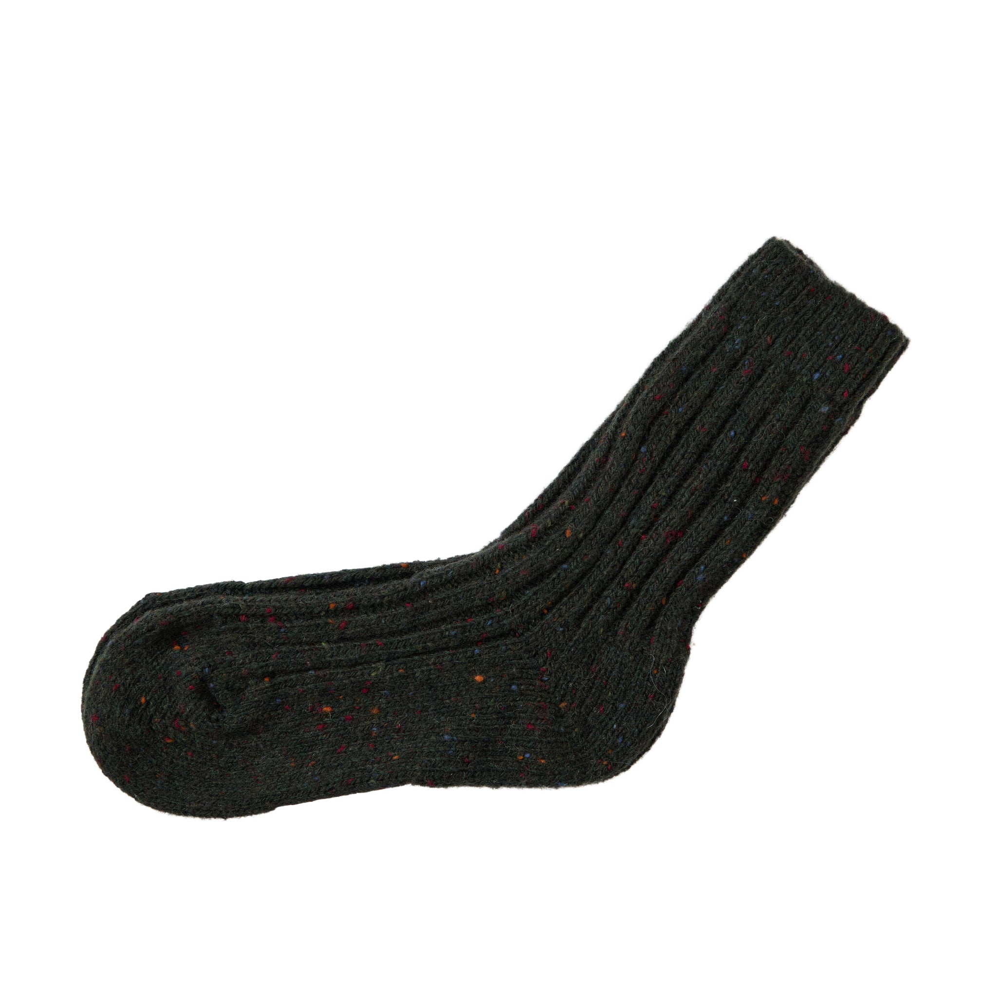 Flecked Green Acre Socks in dark knit with multicolor specks and label around the middle