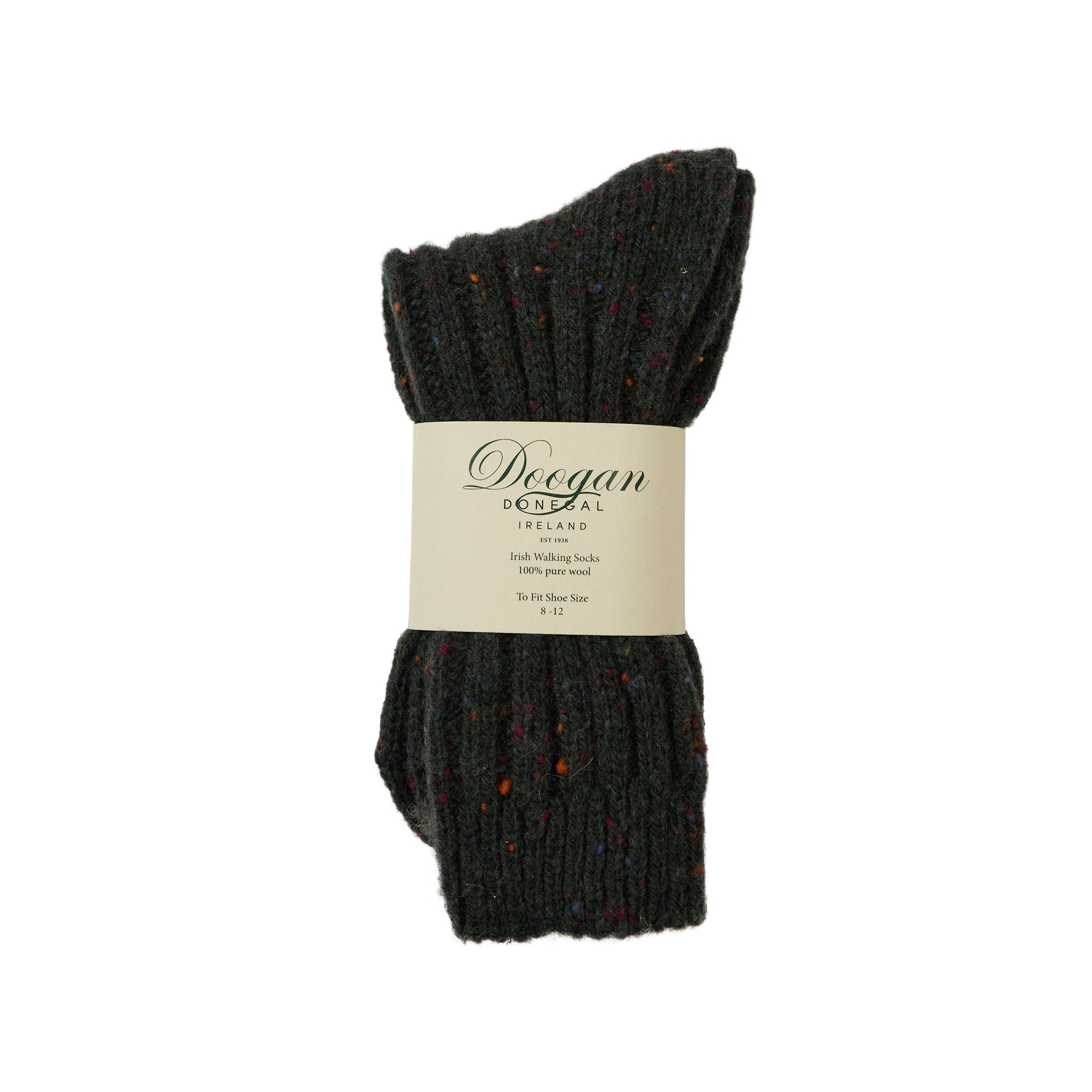 Flecked Green Acre Socks in dark knit with colorful flecks and a beige label