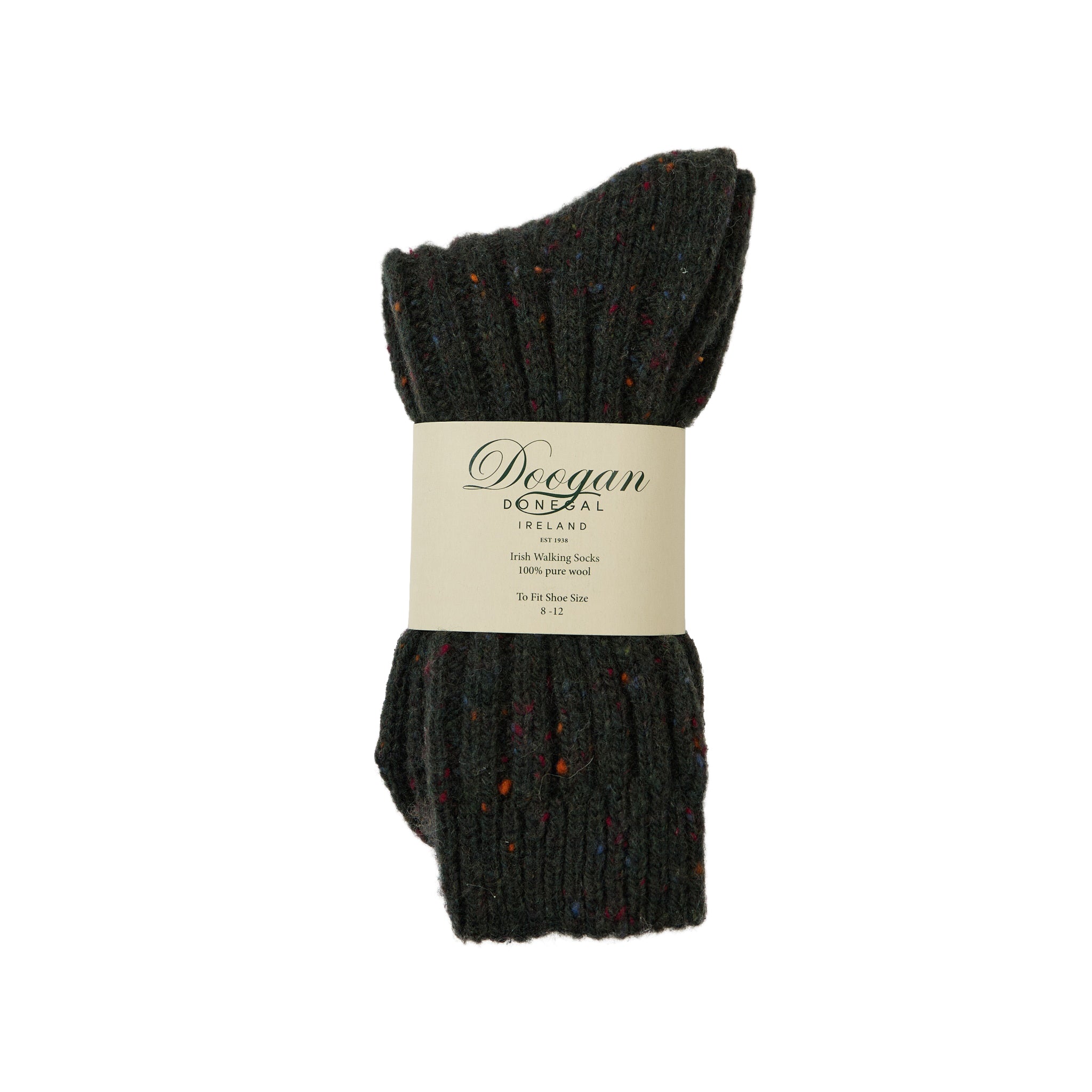 Flecked Green Acre Socks in dark knit with colorful flecks and a beige label