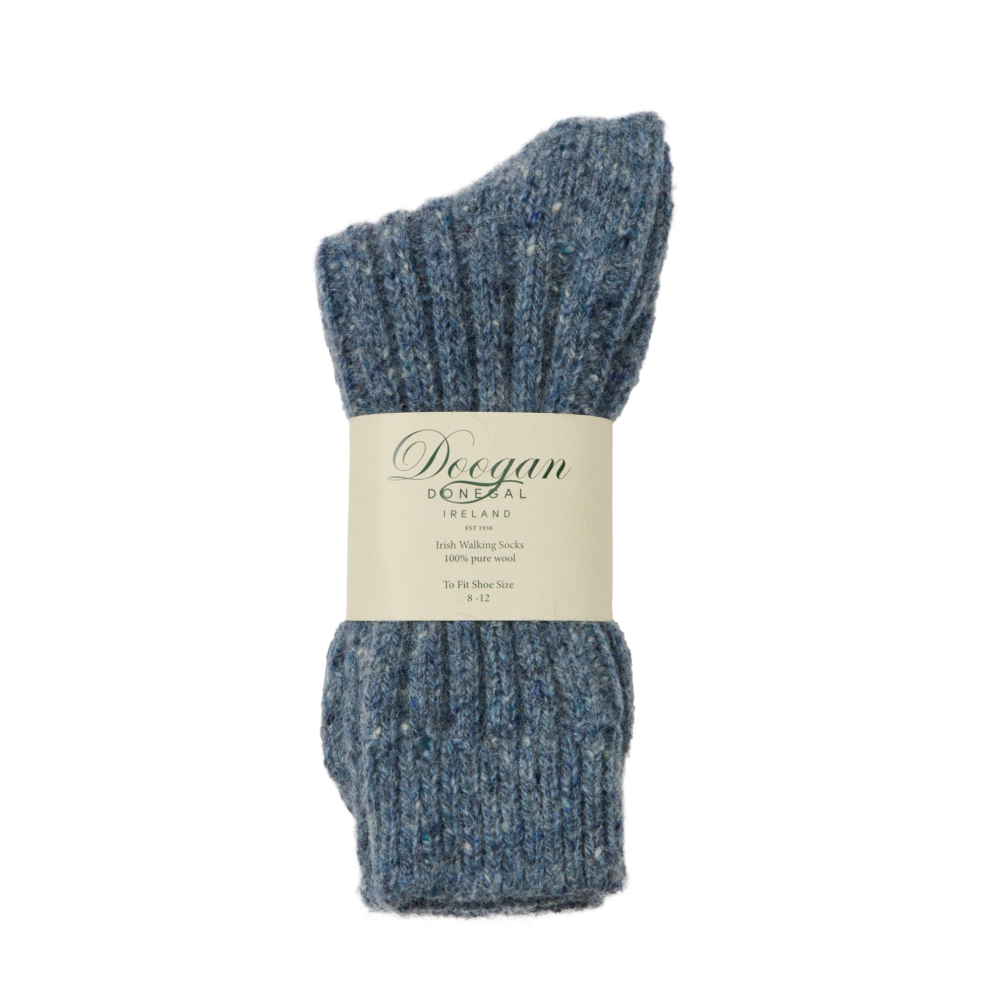 Flecked Opal Socks in blue heather with textured knit and label around the center
