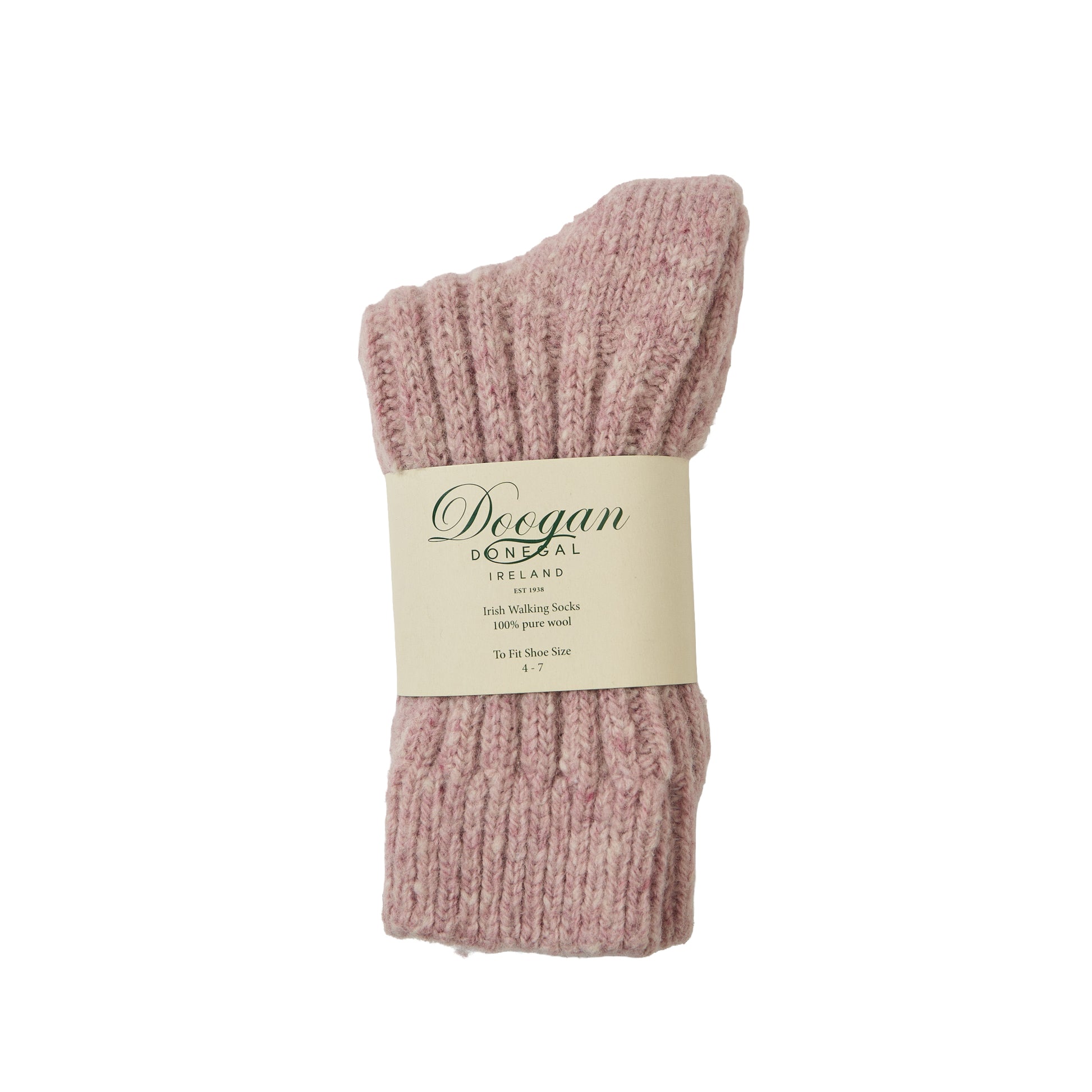 Soft pink flecked pearl knit sock folded with a cream label