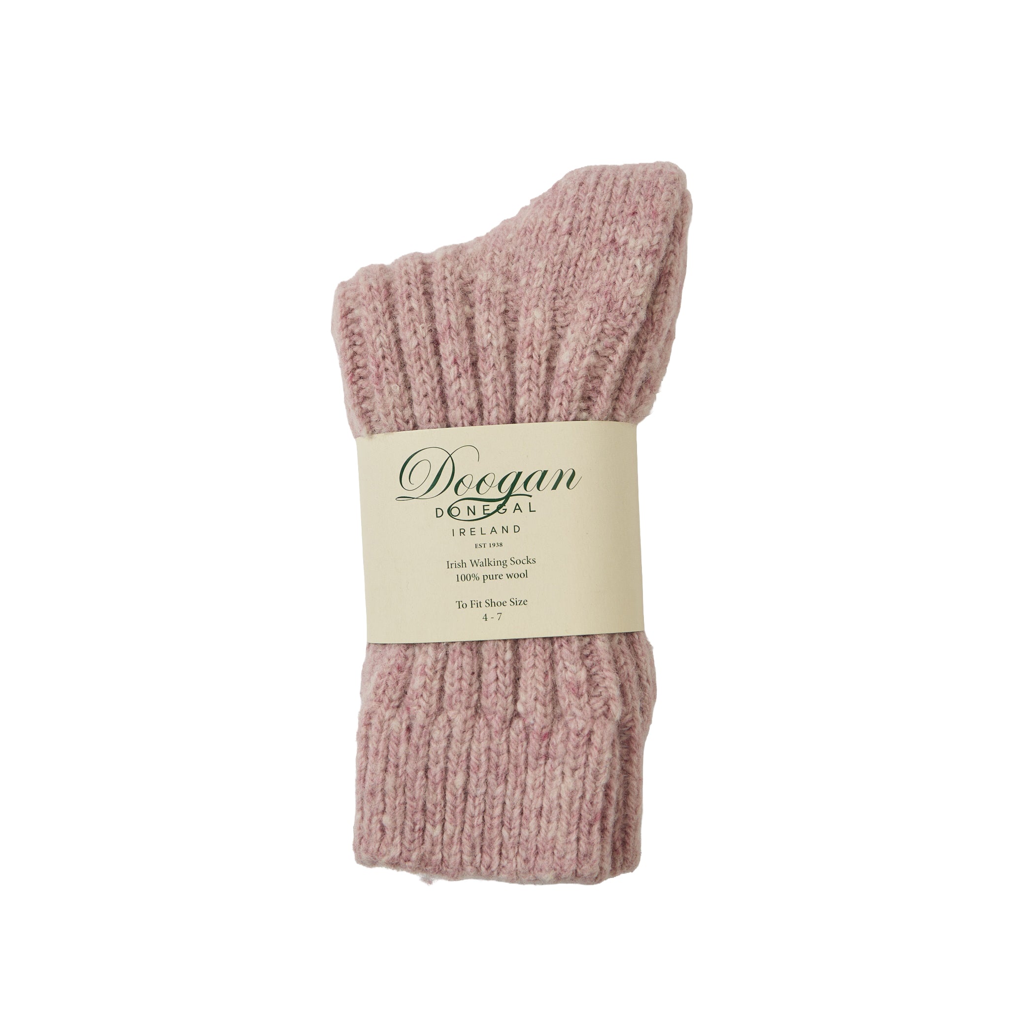 Soft pink flecked pearl knit sock folded with a cream label