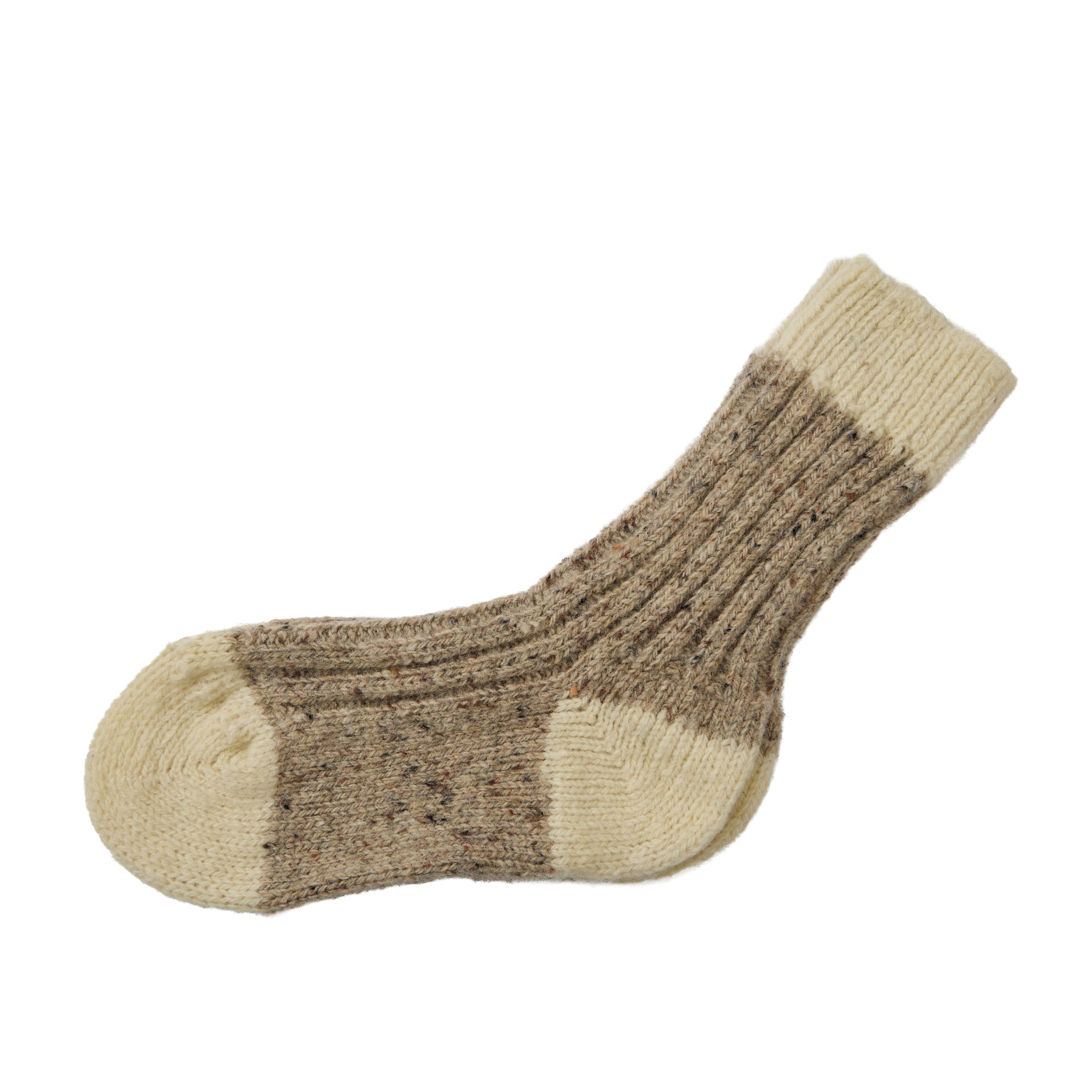 Two toned flecked butterscotch sock with cream toe and heel laid flat
