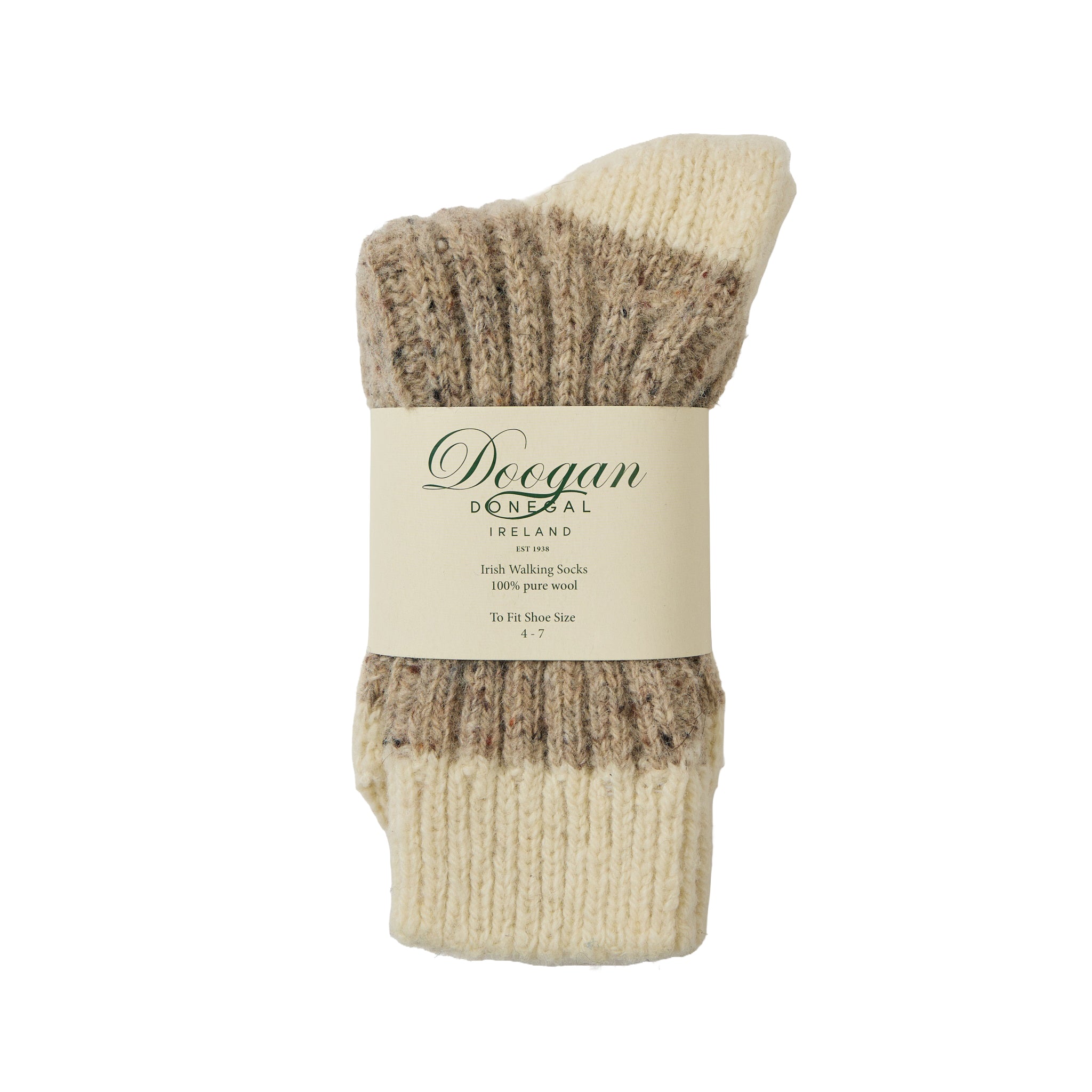 Beige toe and cuff with brown speckled midsection on flecked two toned sock