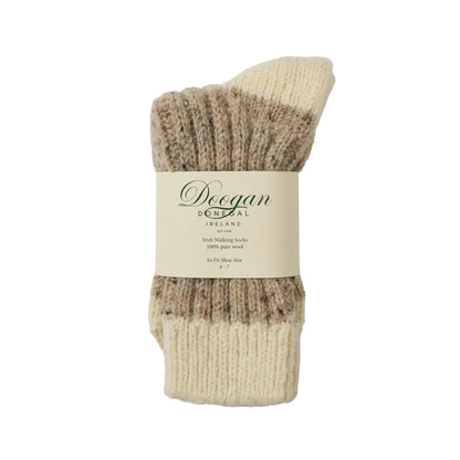 Beige toe and cuff with brown speckled midsection on flecked two toned sock