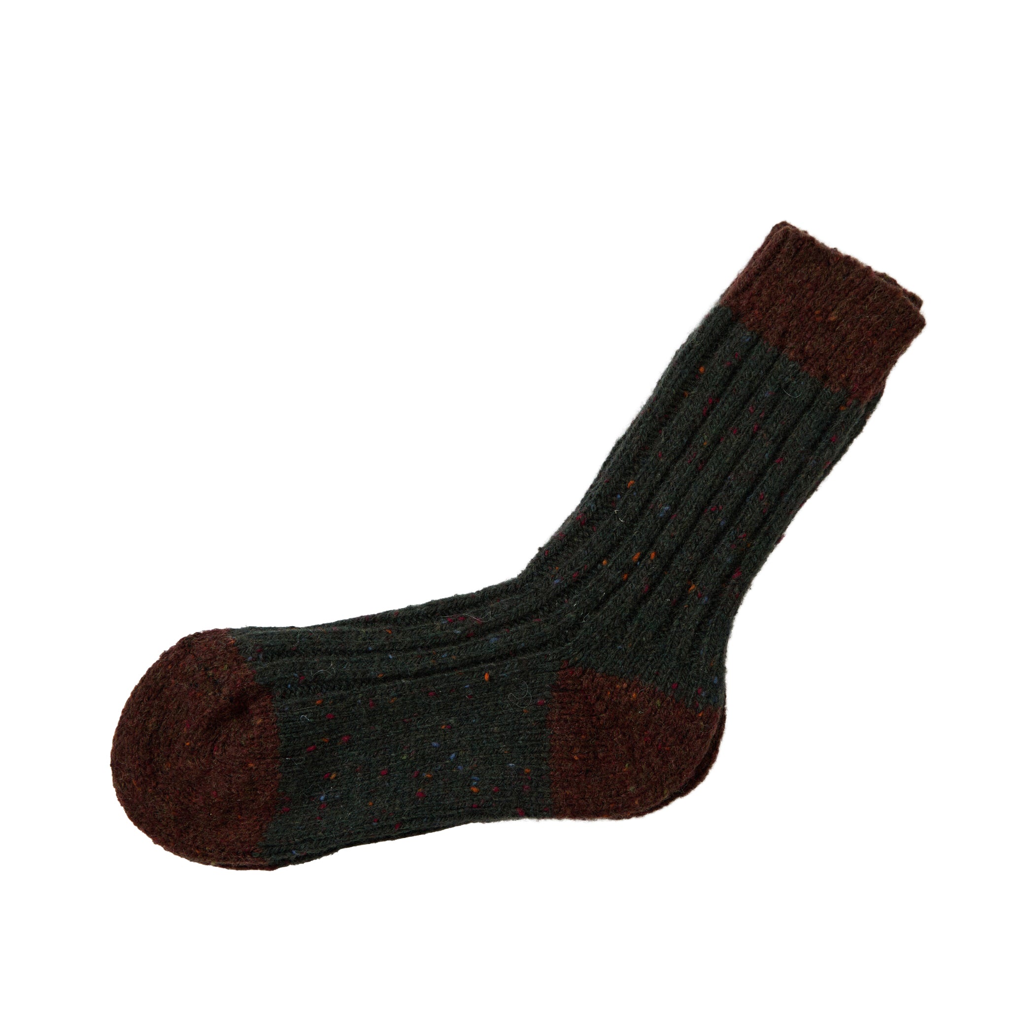 Dark green flecked Acre sock with burgundy toe heel and cuff