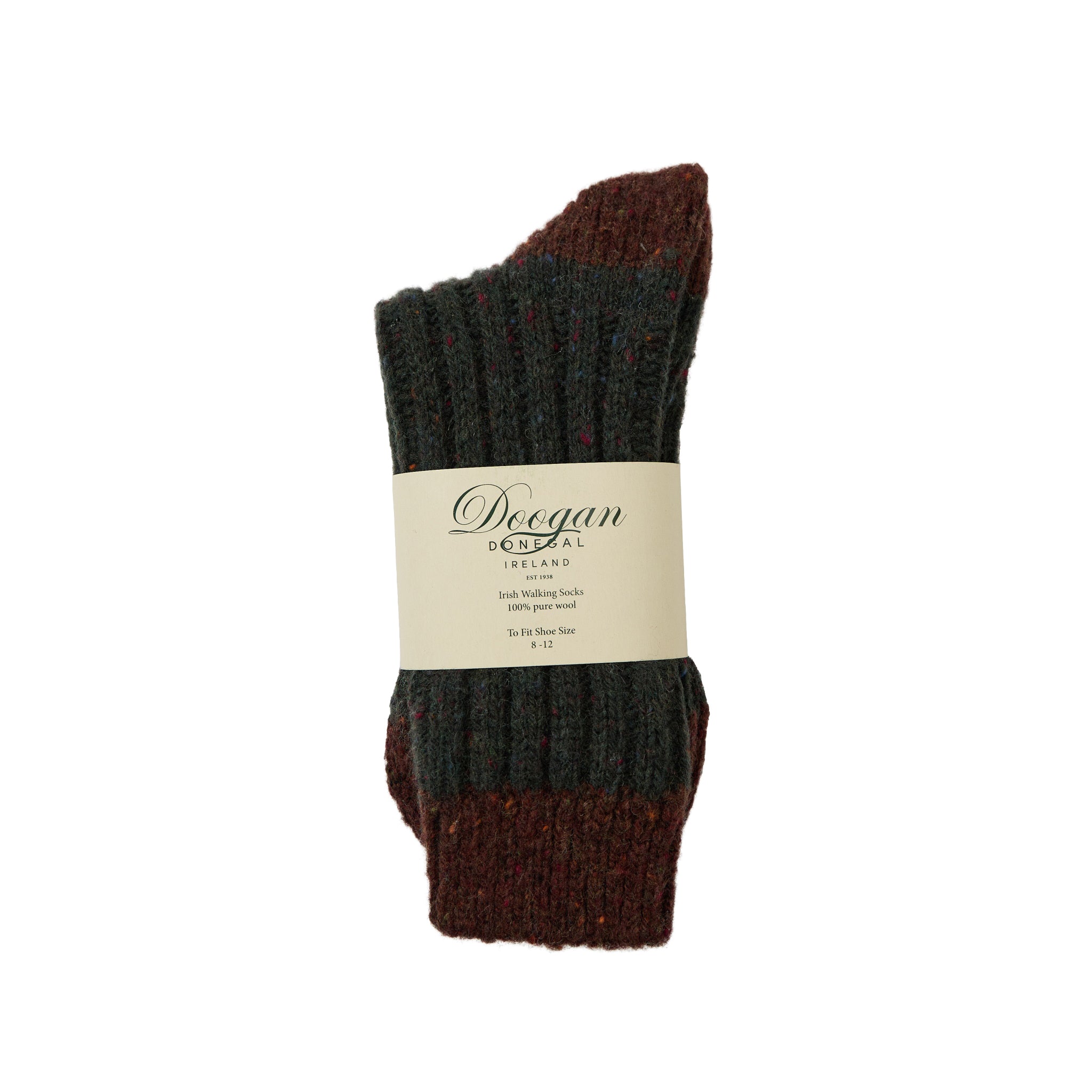 Folded flecked dark green and burgundy wool sock bundled with a Doogan label