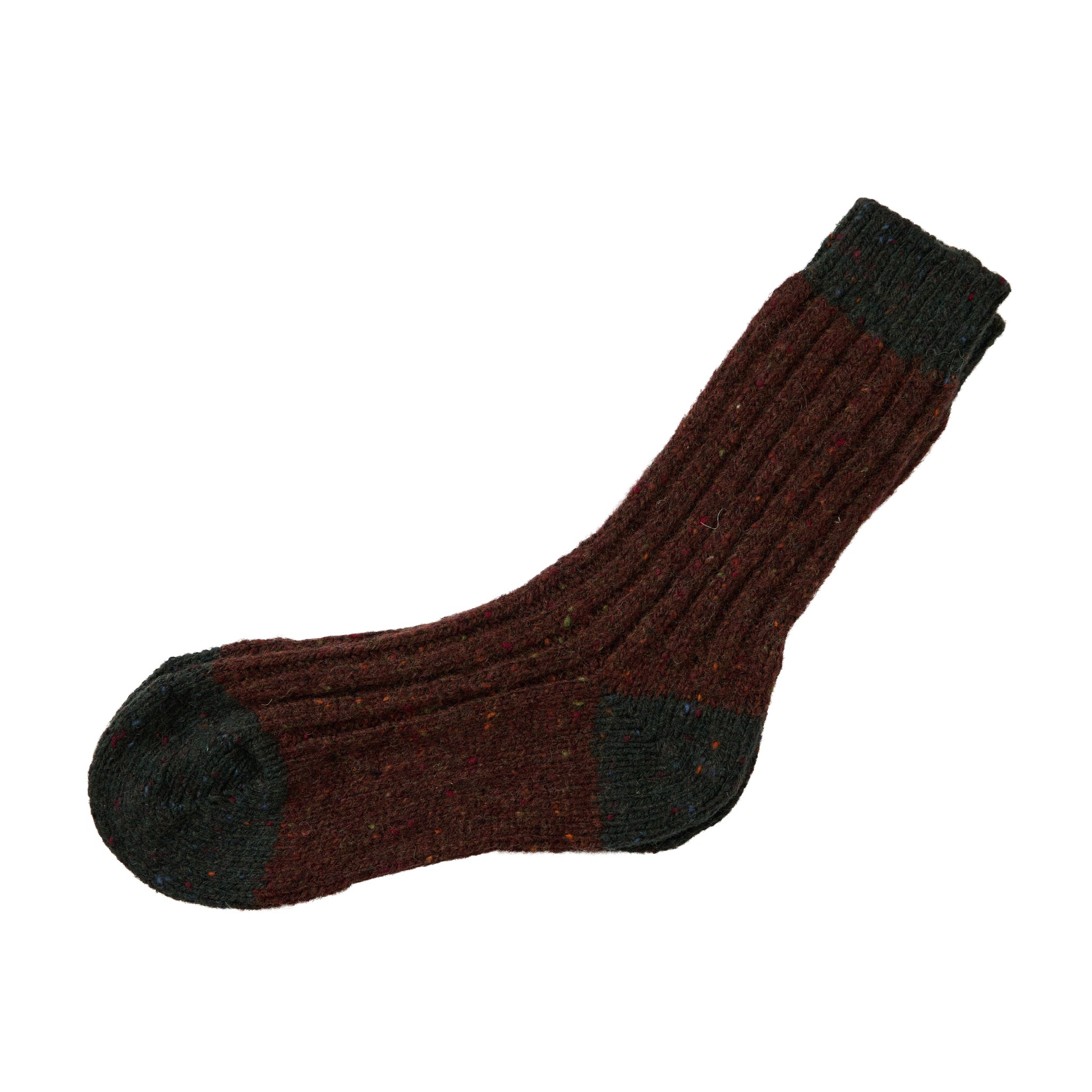 Dark burgundy flecked heather sock with black toe heel and cuff