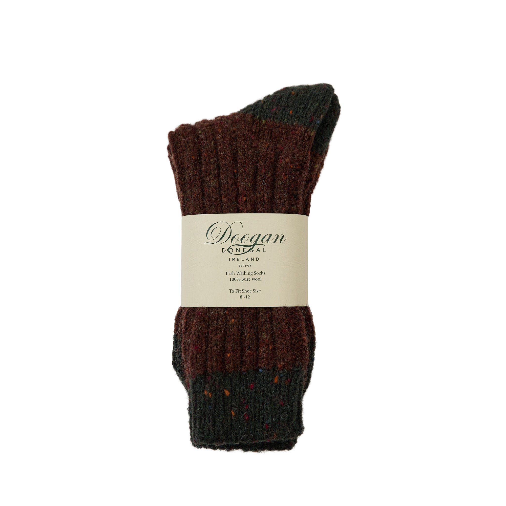 Folded burgundy and black flecked sock with Doogan label wrapped around the middle