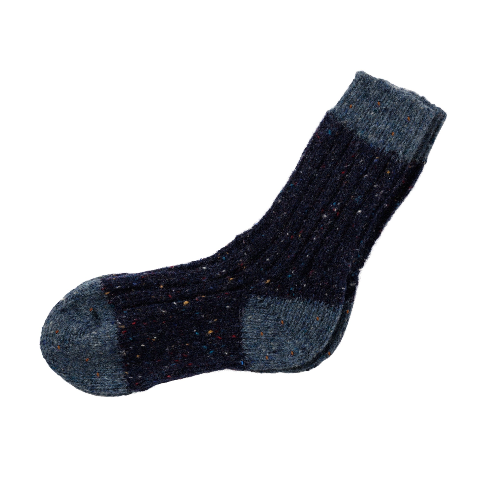 Flecked navy socks with multicolored specks and a blue toe