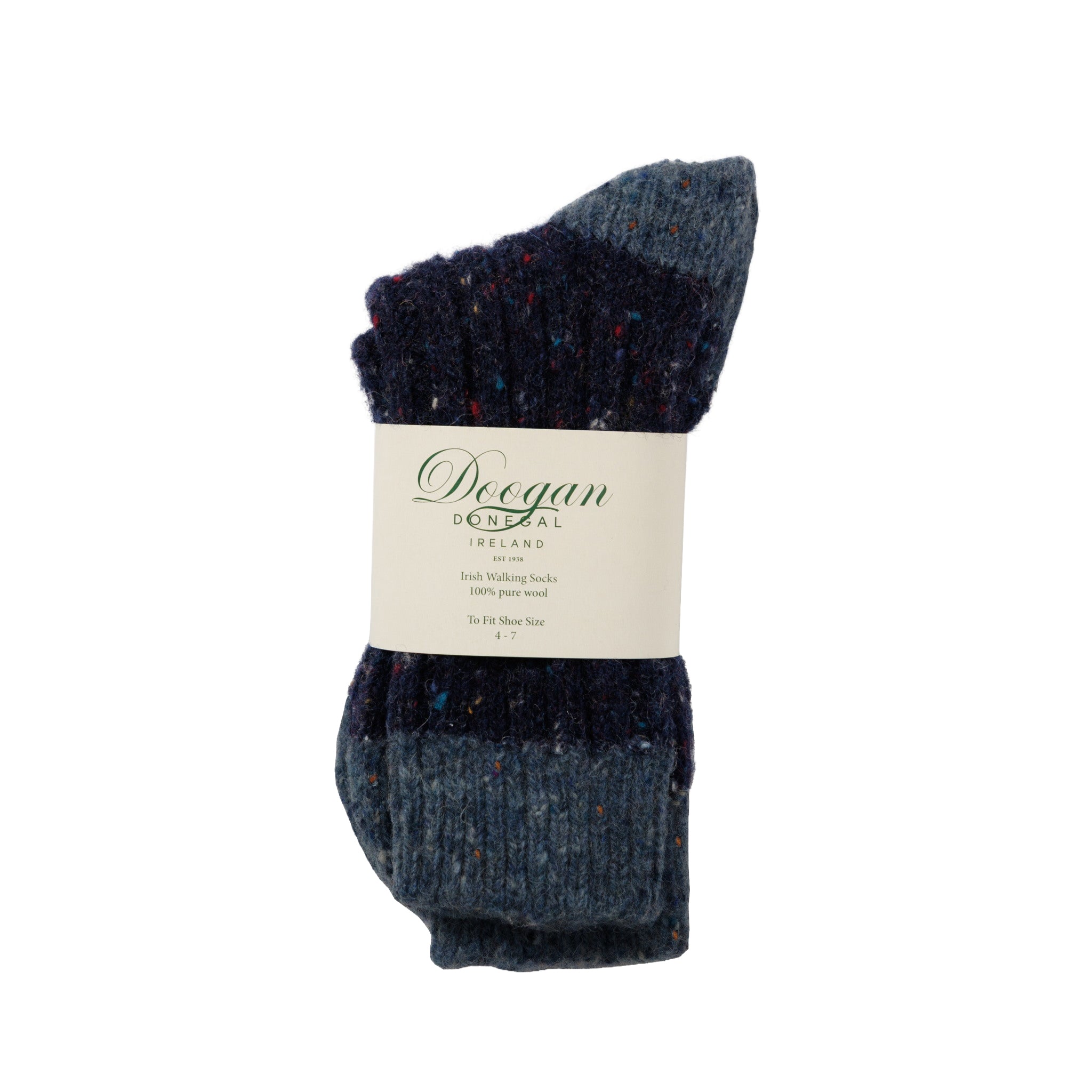Navy flecked socks with a contrasting light blue cuff and toe