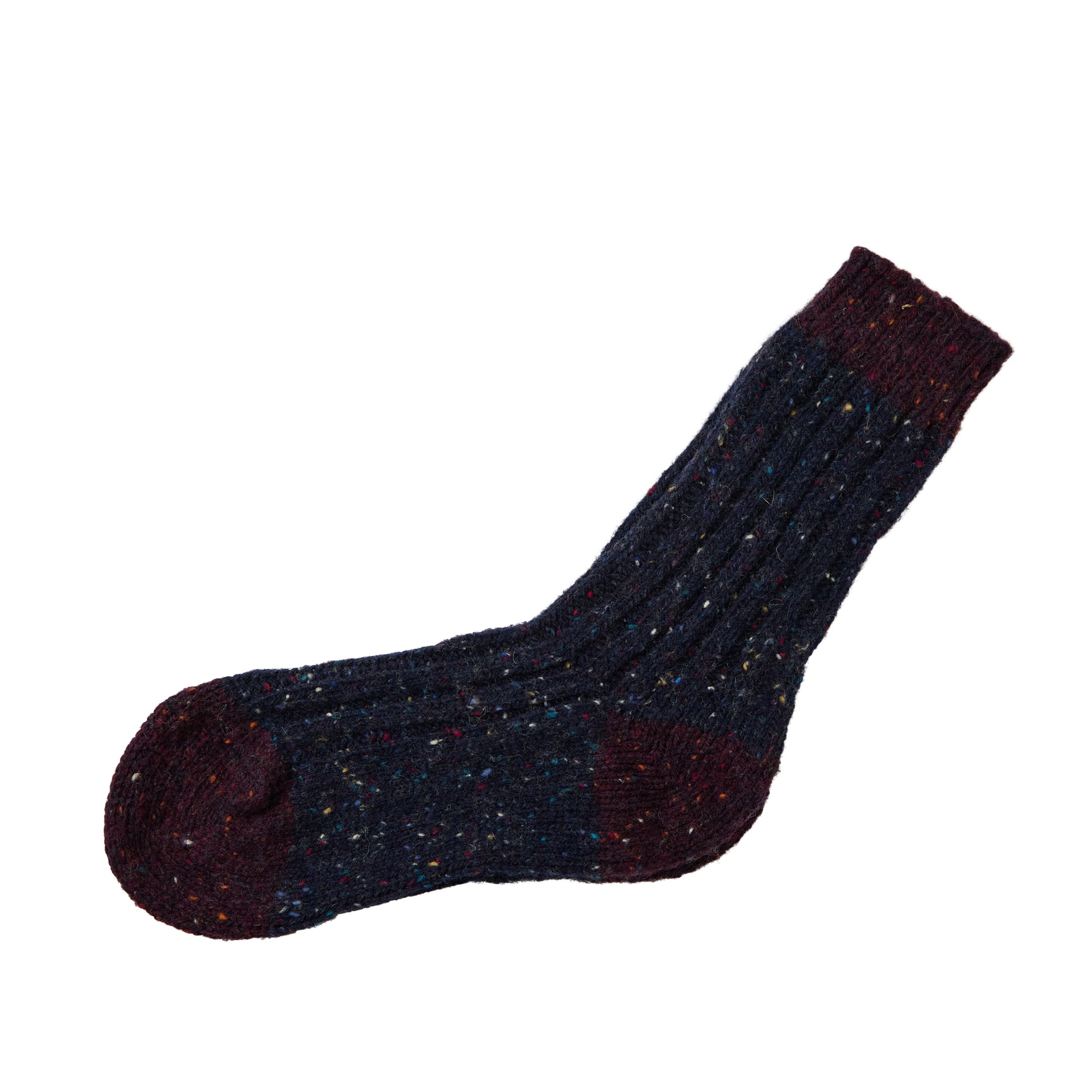 Flecked navy sock with burgundy toe and cuff