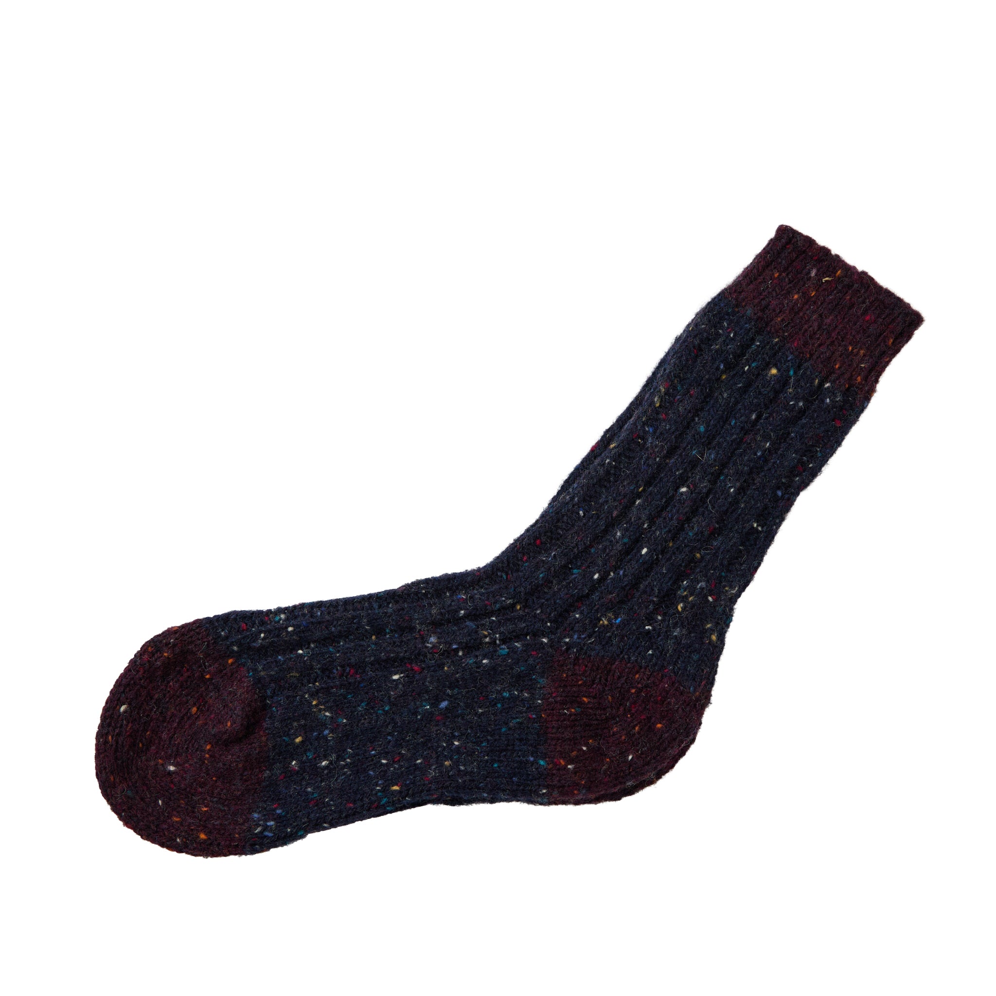 Flecked navy sock with burgundy toe and cuff