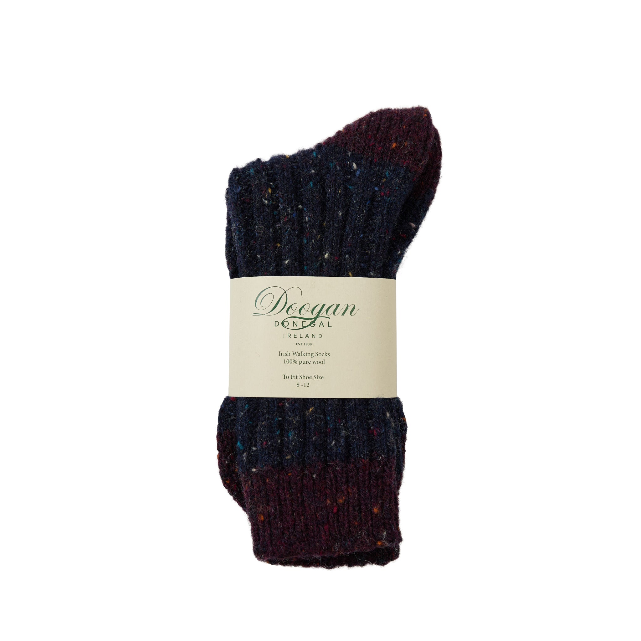 Navy flecked wool sock wrapped with a Doogan label