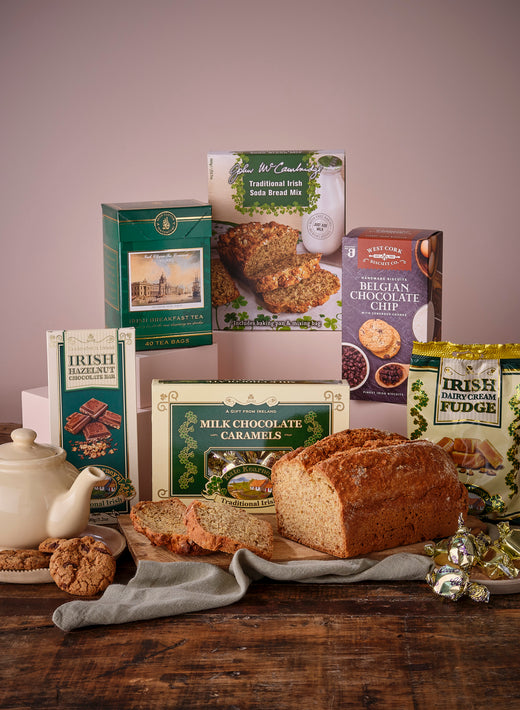 Assorted Irish food items including bread, tea, fudge, cookies, and chocolates