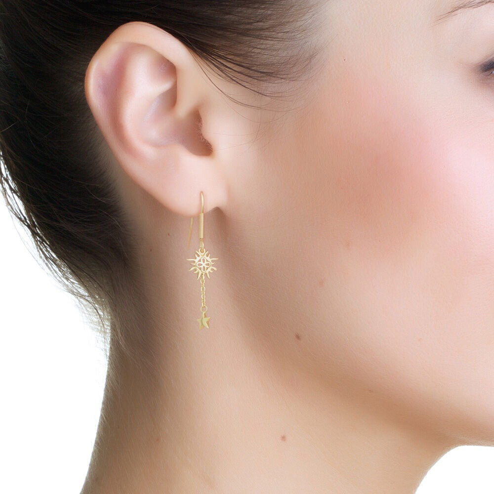 Gold Plated Amy Huberman Newbridge Silverware Drop Earrings With Sun & Stars Design 