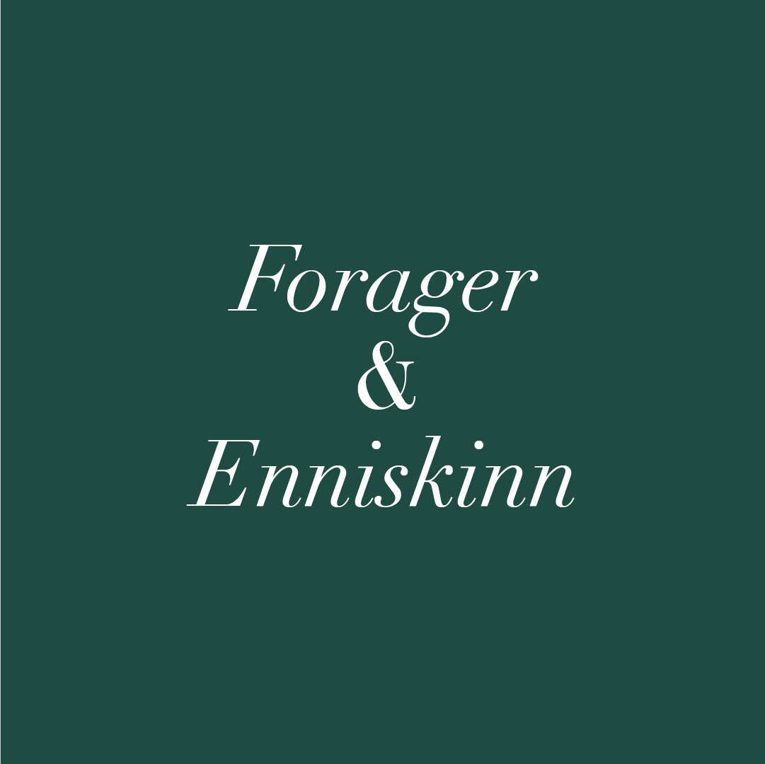 Forager and Enniskinn logo in white elegant script on a dark green background