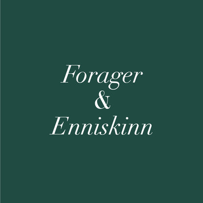 Forager and Enniskinn logo in white elegant script on a dark green background