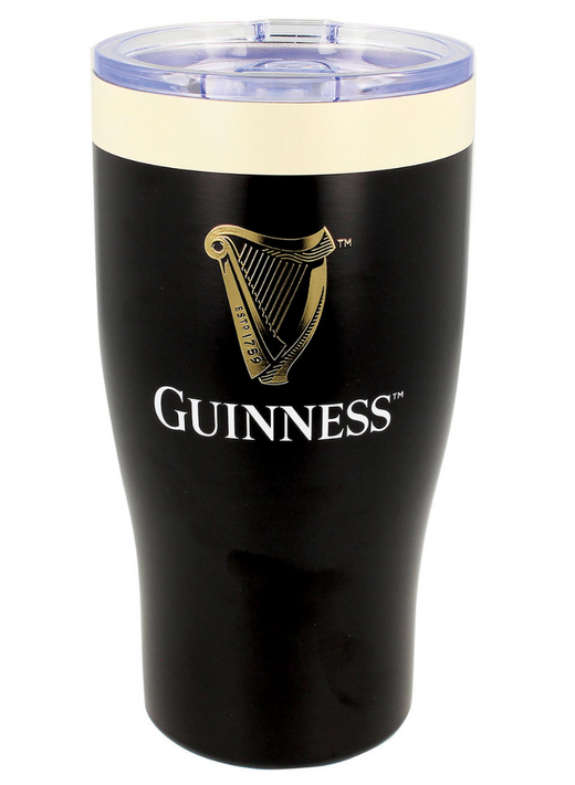 Guinness pint shaped travel mug in black with a beige band and clear lid