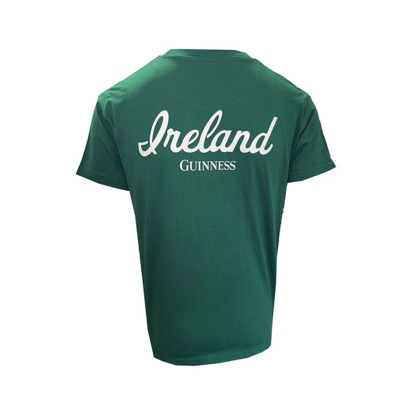 Back view of green Guinness Ireland T shirt with large white script across the upper back