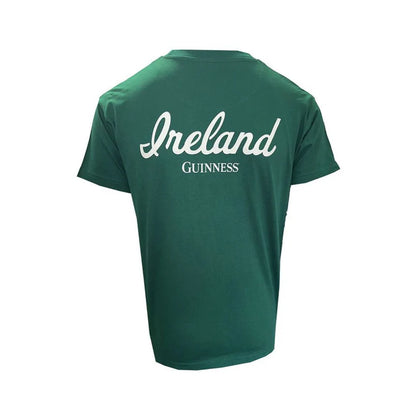 Back view of green Guinness Ireland T shirt with large white script across the upper back