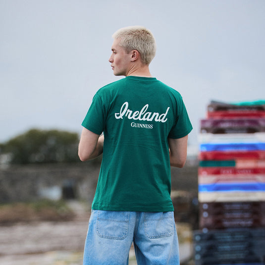 Green Guinness Spring Ireland T Shirt viewed from behind with Ireland and Guinness wording