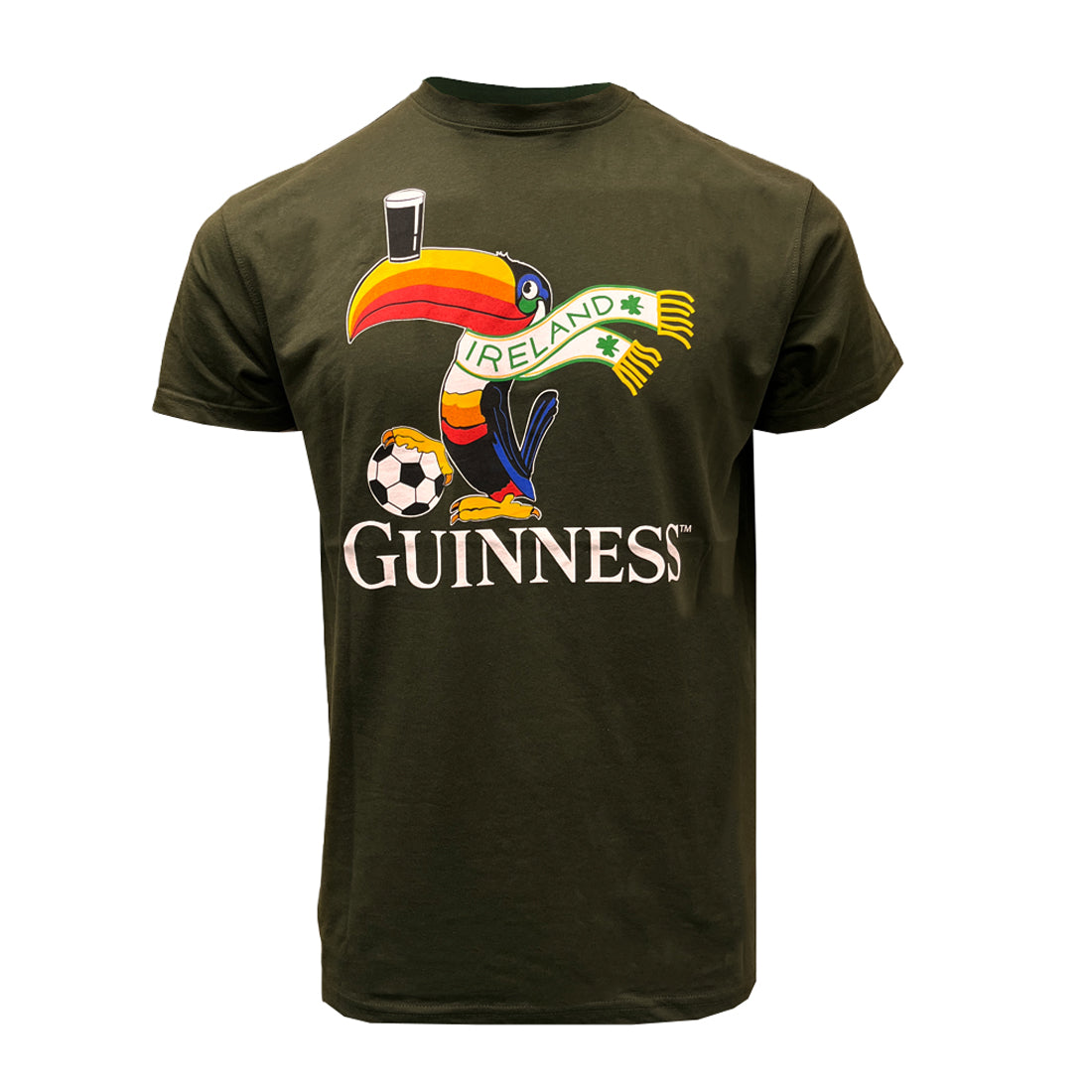 Guinness green T shirt featuring a colorful toucan with a football and an Ireland banner