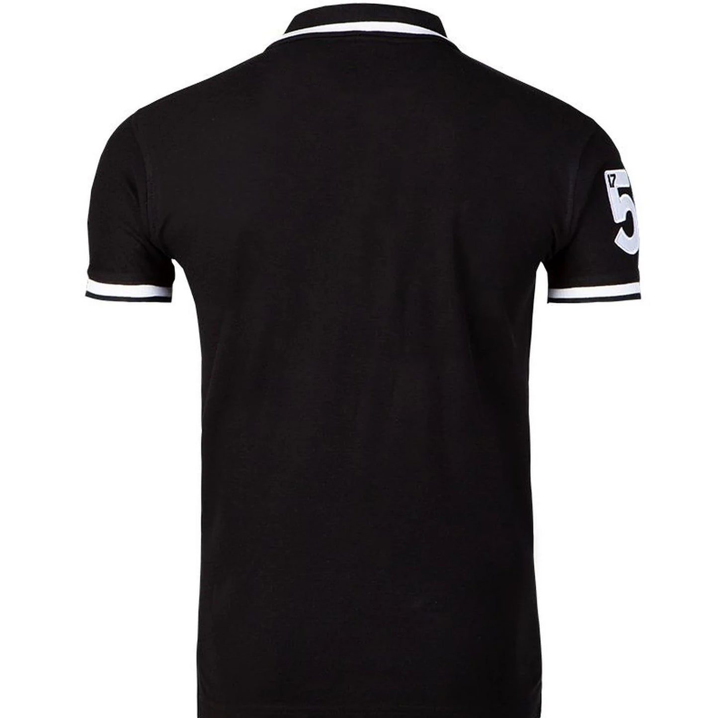 Back view of black Guinness polo shirt showing white 59 patch on the sleeve and striped cuffs.