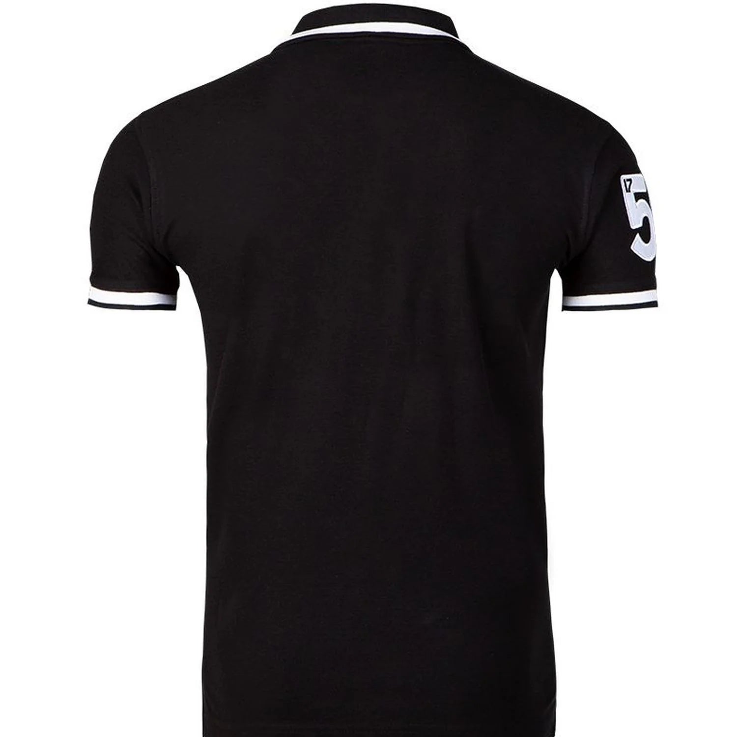 Back view of black Guinness polo shirt showing white 59 patch on the sleeve and striped cuffs.