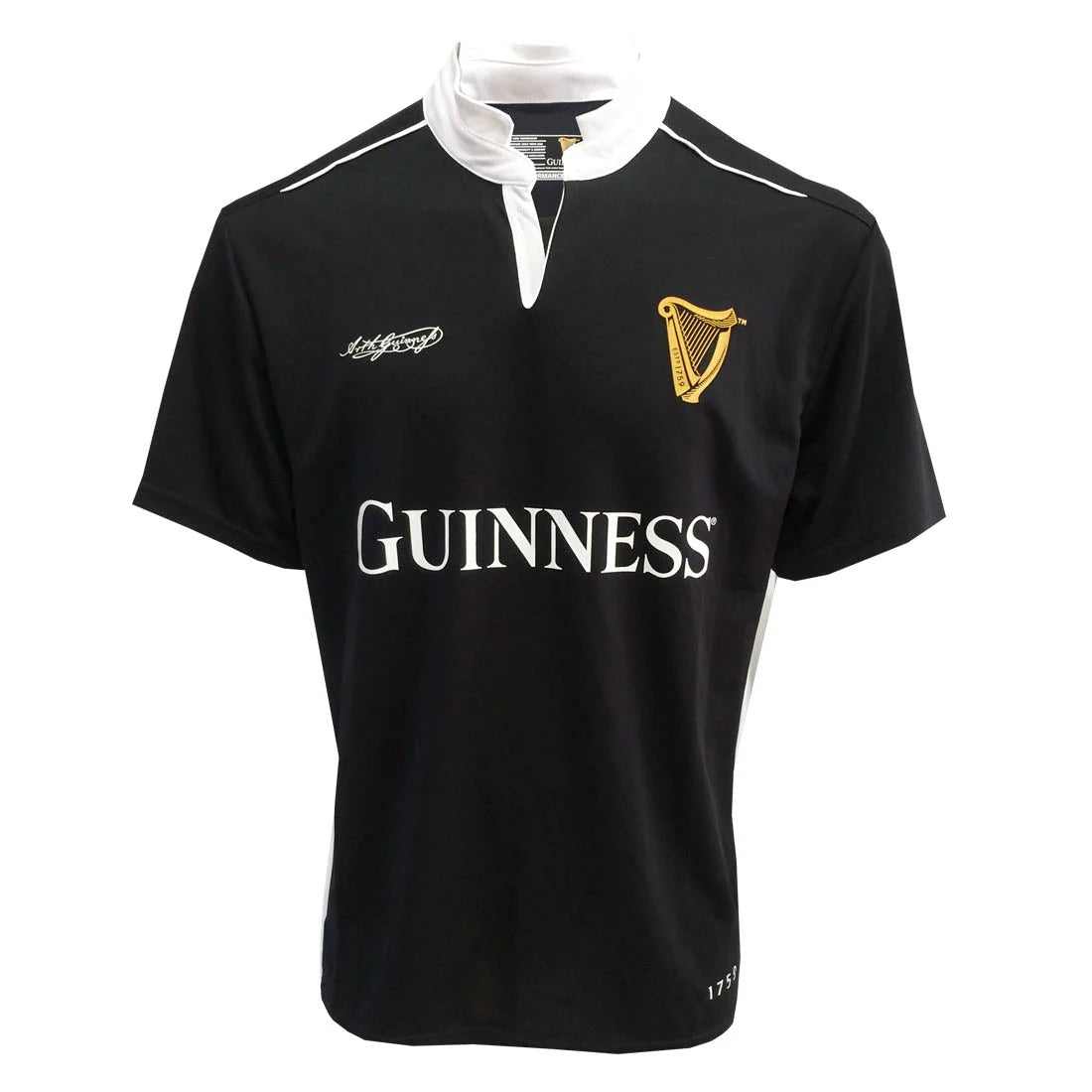 Black Guinness performance short sleeve top with white collar and gold crest on the chest.