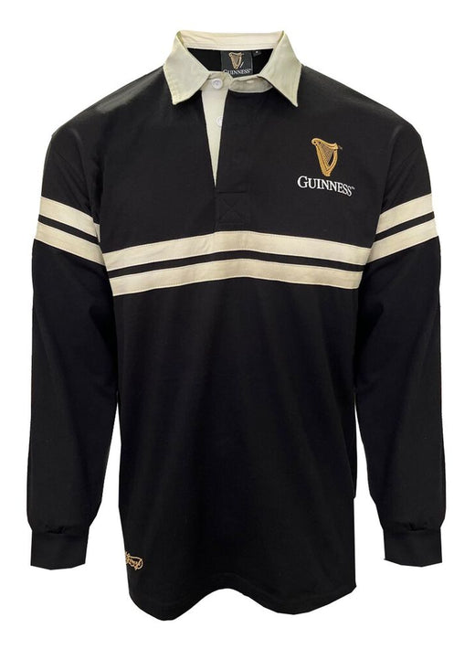 Front view of Guinness Harp rugby shirt in black with cream collar and cream stripes across chest and sleeves