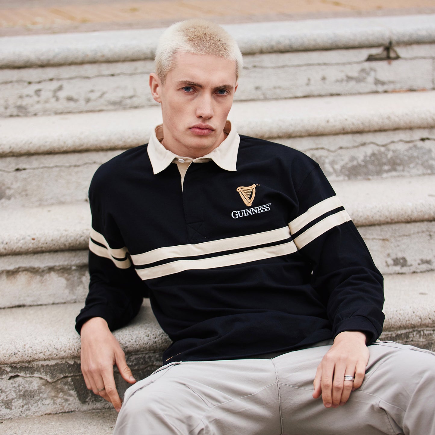 Guinness Harp Long Sleeve Rugby Shirt Cream and Black