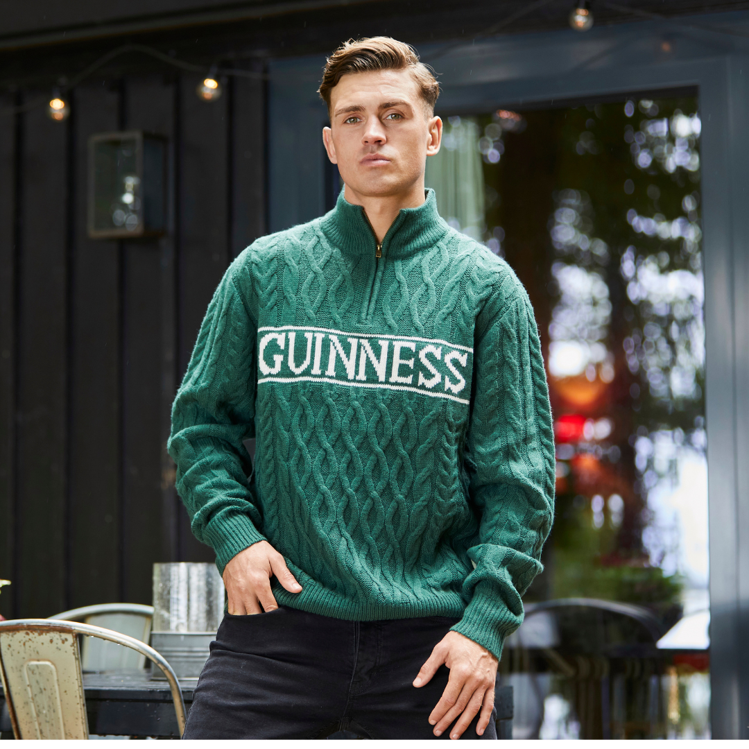 Guinness Aran Knit Style 1/4 Zip Sweater Green 