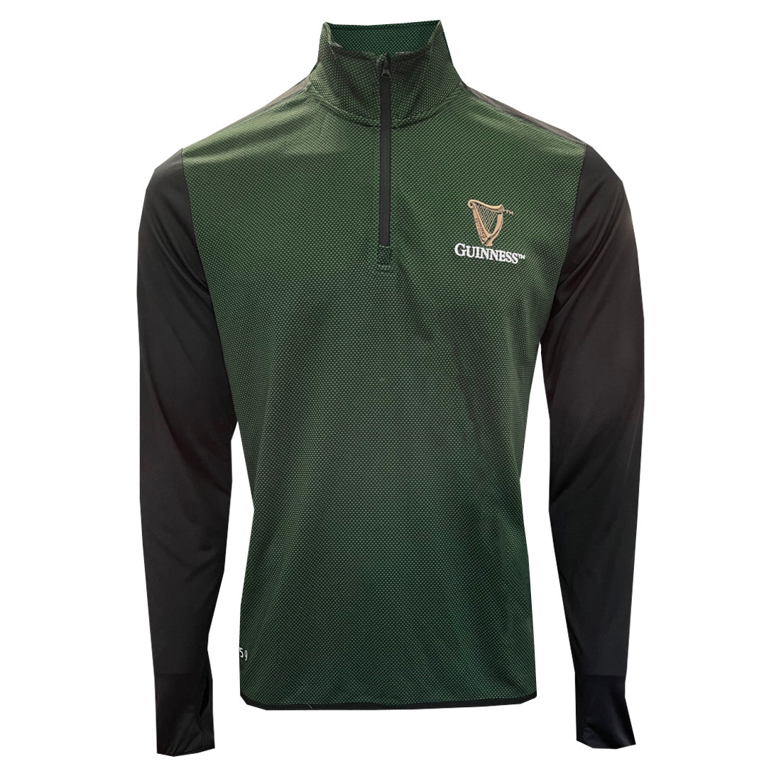 Guinness green quarter zip performance top with black sleeves and crest on chest