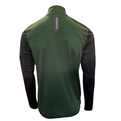 Back view of green Guinness 1759 jacket with black sleeves and a vertical GUINNESS label