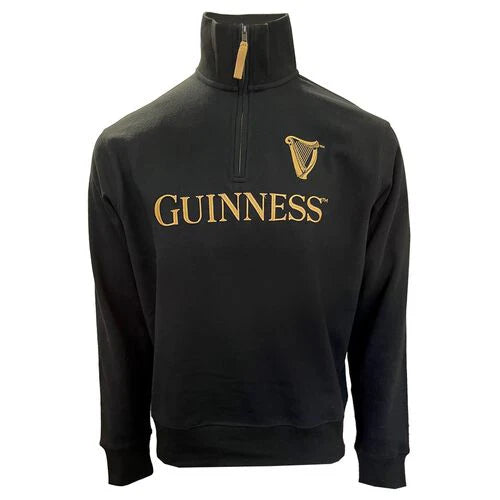 Men's black Guinness quarter zip sweatshirt with gold logo and harp.