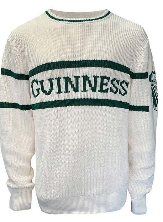 Cream Guinness knit crew neck sweater with green stripes and harp emblem on sleeve