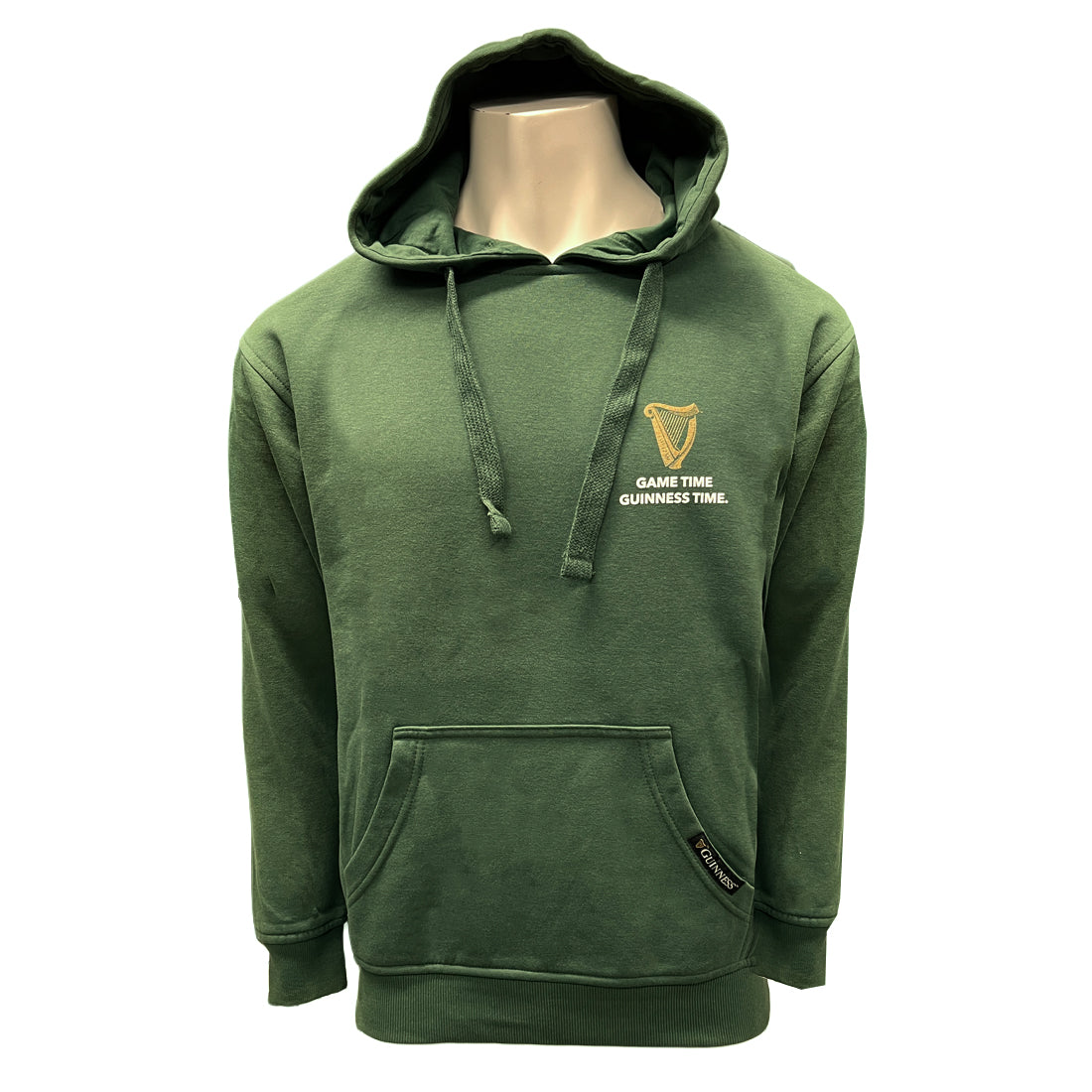 Front view of bottle green Guinness Football Toucan Hoodie with chest logo and drawstring hood