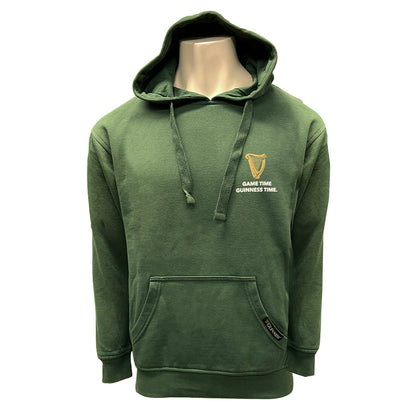 Front view of bottle green Guinness Football Toucan Hoodie with chest logo and drawstring hood