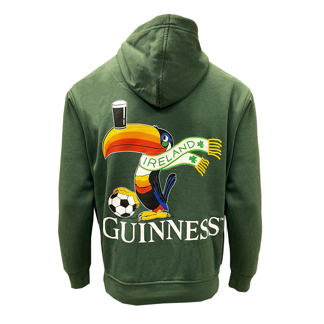 Back view of bottle green Guinness Ireland Hoodie featuring a large colorful toucan graphic and banner