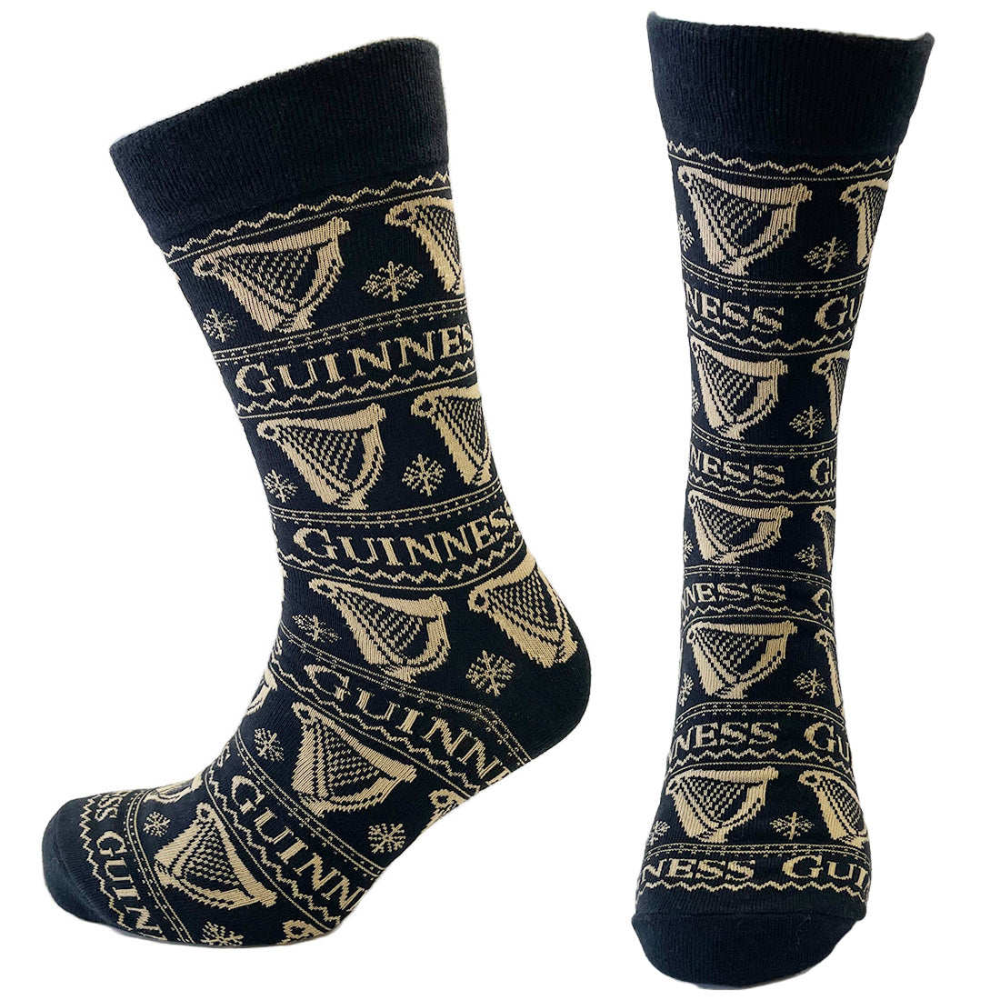 Guinness Harp black and gold patterned socks with repeating harp motifs