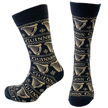 Guinness Harp black and gold patterned socks with repeating harp motifs