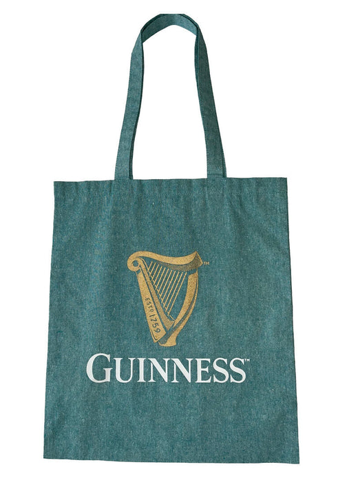 Green tote bag with gold harp and white Guinness text logo