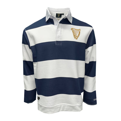 Guinness navy and white striped rugby sweatshirt with gold harp crest on chest