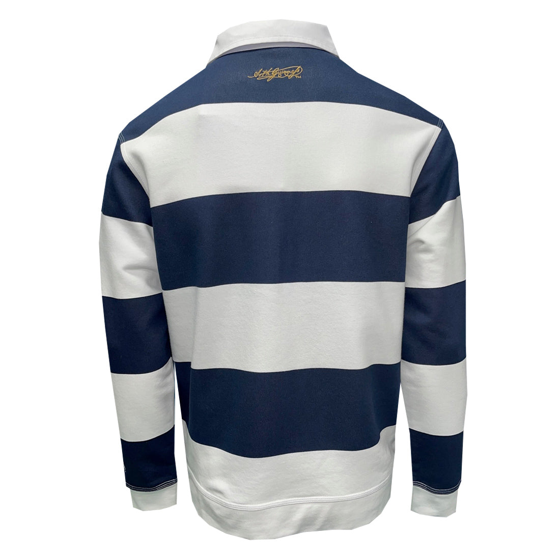 Back view of navy and white rugby sweatshirt with wide horizontal stripes