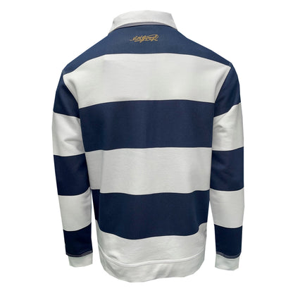 Back view of navy and white rugby sweatshirt with wide horizontal stripes