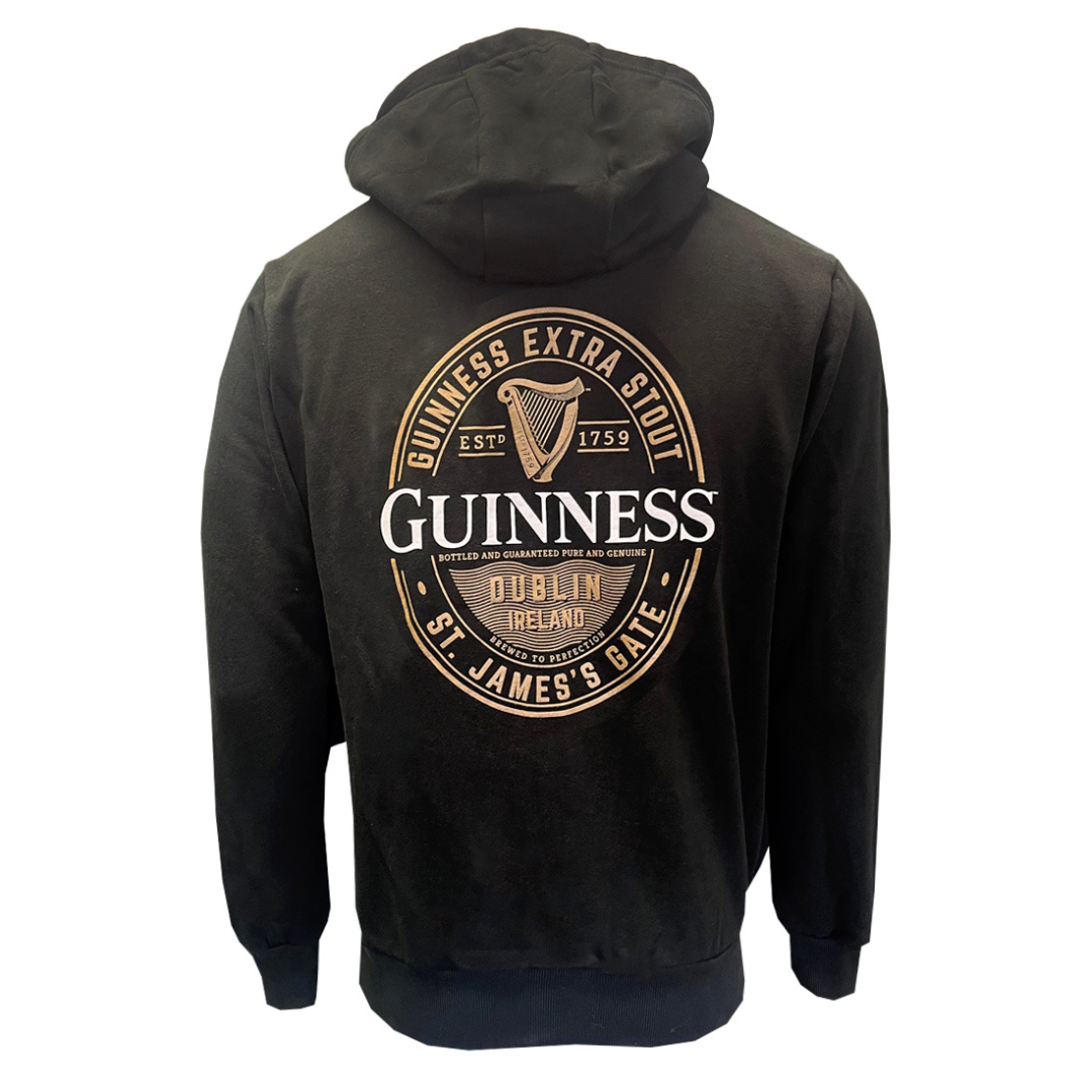 Unisex Guinness Label Harp Zip Black Hoodie 