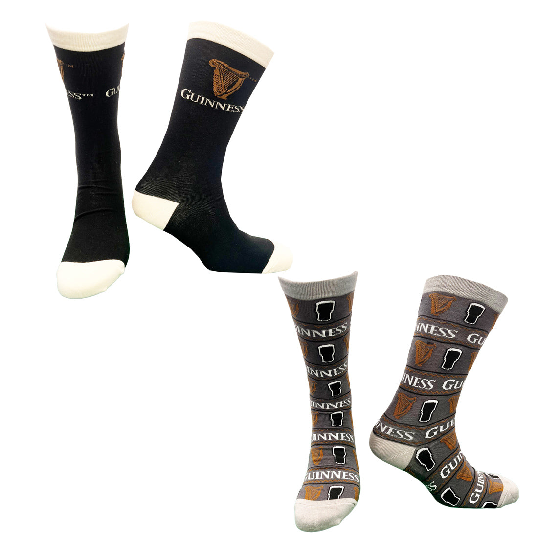 Guinness All Over Print Pint Socks set in black with beige cuffs and toes featuring harp and logo patterns.