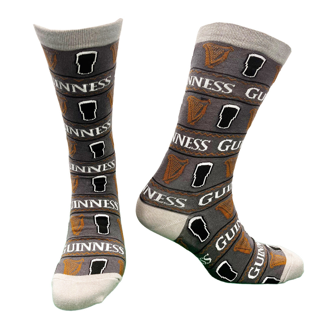 Pair of Guinness All Over Print Pint Socks with repeating GUINNESS text and pint glass motifs on grey knit