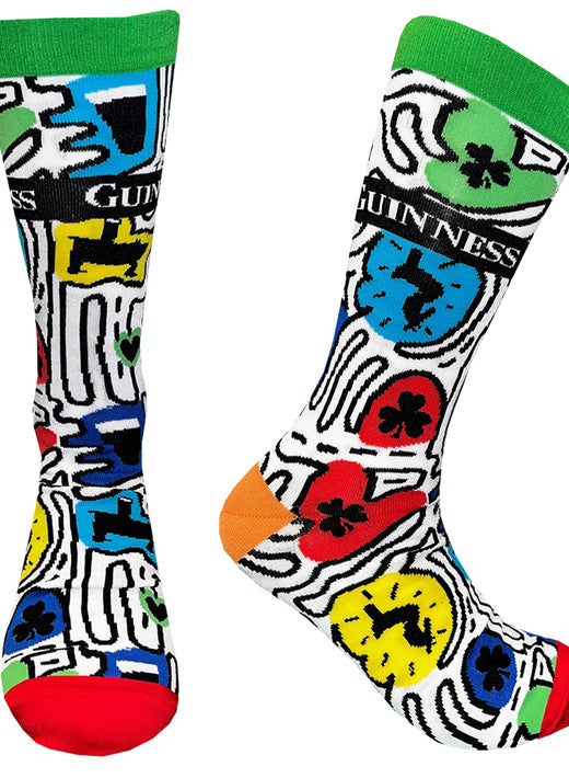 Colorful Guinness doodle socks with bold abstract shapes and a Guinness brand band.